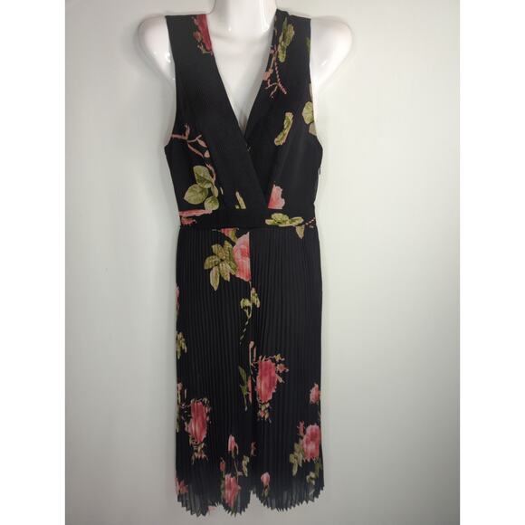 Aritzia Wilfred Black Floral Julianne Faux Wrap Pleated Midi Dress Size 2 Boho - Picture 3 of 14